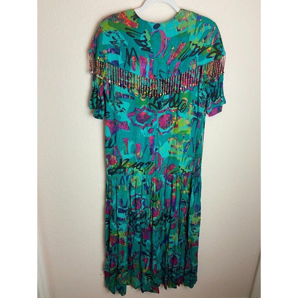 Vintage Carol Little Womens Peasant Style Dress Printed Green Size 4 Beaded - Picture 11 of 11